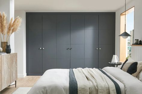 Luna Dusk Grey Fitted Wardrobes Dark Grey Closet, Dark Wardrobe Bedroom, Grey Wardrobe Bedroom, Grey Fitted Wardrobes, Cupboard For Bedroom, New Door Design, Fitted Wardrobes Bedroom, Grey Cupboards, Grey Wardrobe