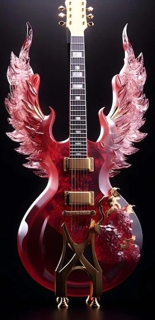 Unique Guitars Design, Cool Electric Guitar Design, Glittery Guitar, Cool Instruments, Angle Guitar, Angel Guitar, Dragon Guitar, Cool Guitar Picks, Angel Band