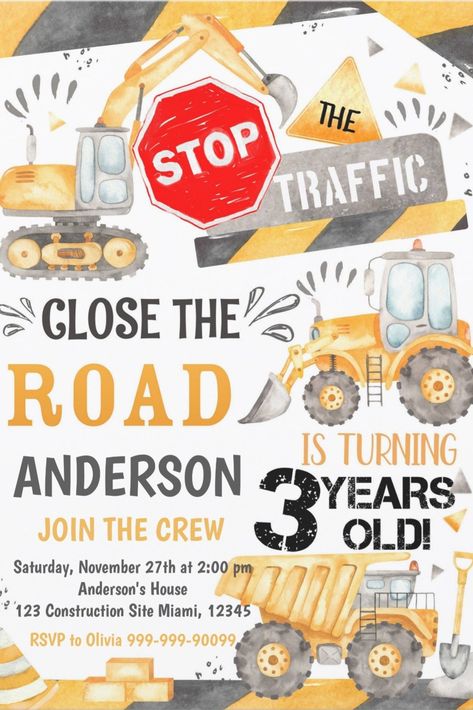 Construction Birthday Party Invitations for Boys Construction Birthday Party Invitations, Construction Themed Birthday Party, Construction Birthday Invitations, Construction Birthday Party, Monster Trucks Birthday Party, Party Themes For Boys, Construction Birthday Parties, Monster Truck Birthday, Trucks Birthday Party