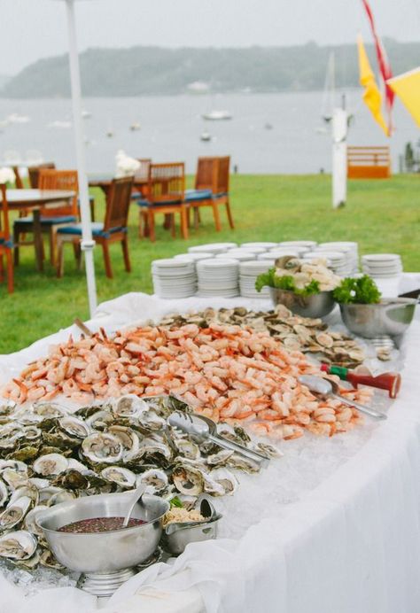 Anti Pasta, Beach Wedding Foods, Wedding Food Stations, Oyster Roast, Seafood Buffet, Hamptons Wedding, Drinks Table, Reception Food, Wedding Buffet