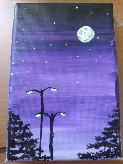 Purple And Black Painting Ideas, Purple And Blue Sunset Painting, Monochromatic Drawing Easy, Night Time Paintings Easy, Purple Sunset Painting Easy, Night Sky Drawing Easy, Purple Night Sky Painting, Dark Sunset Painting, Moonlight Painting Easy