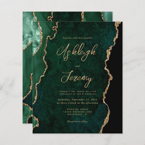 Budget Emerald Green Agate Script Wedding Invite  Zazzle Modern Handwriting, Script Wedding Invitations, Afternoon Wedding, Budget Wedding Invitations, Teal Wedding, Foil Invitations, Theme Color, Green Watercolor, Teal And Gold