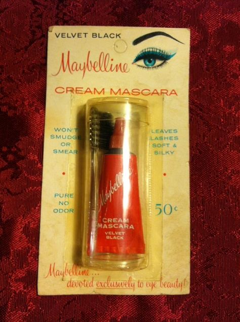 .50 cents??? Maybelline Cream Mascara Vintage Maybelline, 1950s Life, Maybelline Products, 50s Makeup, Vintage Beauty Products, Vintage Makeup Ads, Makeup History, Diy Mascara, Maybelline Mascara