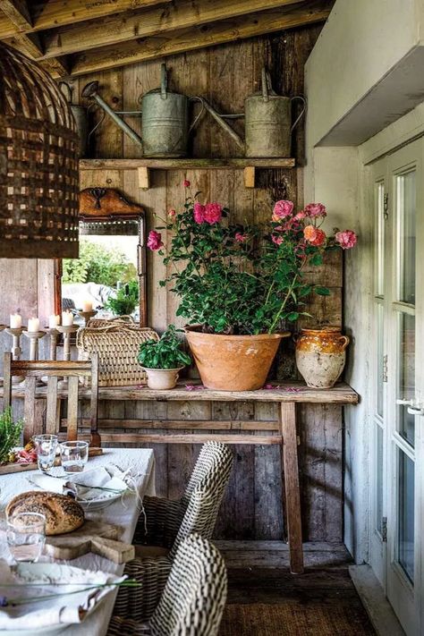 Everything you imagine a country garden to be is perfectly encapsulated in this restful rural idyll. We especially love this garden room made from reclaimed materials. Discover more… [Image from Gardens for the Soul by Sara Bird and Dan Duchars] Garden Shed Interiors, Old Wicker, Greenhouse Shed, Small Courtyards, Potting Sheds, Ideas Hogar, Cottage Core Aesthetic, Potting Shed, Country Garden