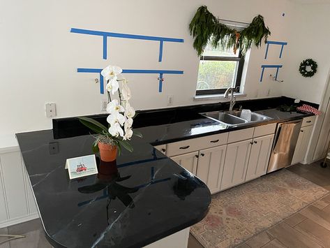 Paint And Epoxy Countertops, Appliance Epoxy Countertop, Black Epoxy Countertop Kitchens, Faux Black Marble Countertop, Diy Black Marble Countertops, Black Concrete Countertops Kitchen, Faux Soapstone Countertops Diy, Black Epoxy Countertop, Black Laminate Countertops