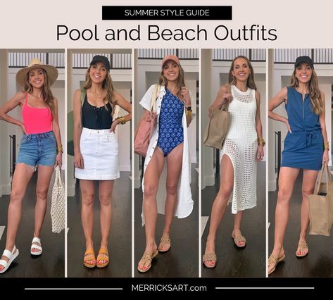 Pool and Beach Outfits to Copy - Merrick's Art Summer Outfit Guide, Lake Outfit, Best Water Shoes, Outfits For Moms, Pool Outfits, Cute One Piece Swimsuits, Pool And Beach, Cute Coverups, Color Combos Outfit