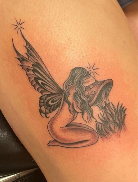 Fairy Knee Tattoo, Sitting Fairy Tattoo, Fairycore Tattoo, Fairy Tattoos, Tats Ideas, Stomach Tattoo, Tatoo Inspiration, Locs Styles, Fairy Stuff