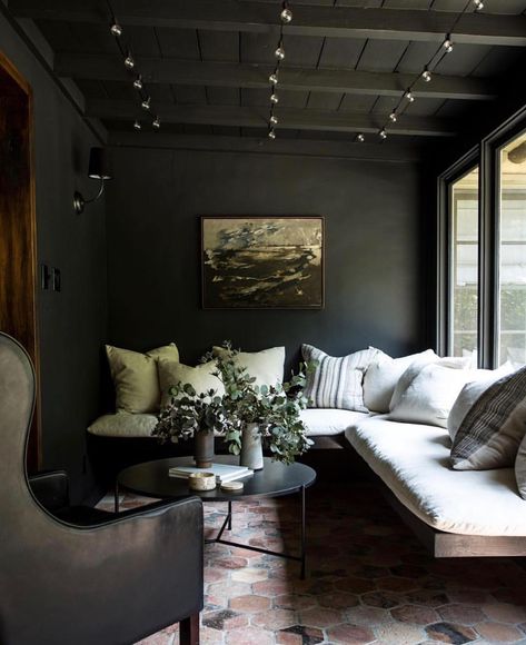 i think a dark sunroom makes the most beautiful sense Moody Sunroom, Black Sunroom, Portola Paint, Going Dark, Greige Design, Dark Interiors, Pink Interior, Shop Interiors, Farrow Ball