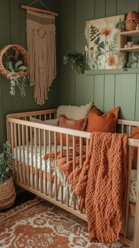 Green Baby Furniture, Small Nursery Ideas Green, Nursery With Light Wood Crib, Rust Colour Nursery, Fall Theme Nursery, Vegetable Nursery Ideas, Sage Green And Terracotta Nursery, Green And Orange Nursery Gender Neutral, Baby Girl Woodland Nursery Forest Theme