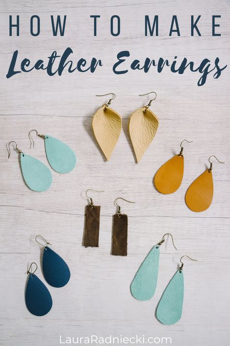 Learn how to make leather earrings in this detailed step-by-step tutorial with photos of every step. Also includes free DIY leather earring template for teardrop earrings, leaf earrings, rectangle bar earrings, and more! #leather #earrings #lauraradniecki Make Leather Earrings, Leather Earring Template, Leaf Earrings Diy, Leather Earrings Diy, Earrings Rectangle, How To Make Leather, Earring Template, Leather Jewelry Making, Diy Earrings Easy