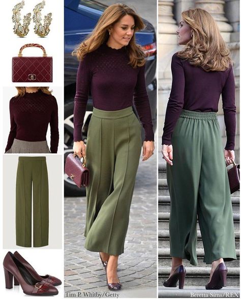 Green Pants Outfit Aesthetic, Dark Green Pants Outfit, Kate Middleton Stil, Olive Green Pants Outfit, Green Pants Outfit, Düşes Kate, Dark Green Pants, Herzogin Von Cambridge, Looks Kate Middleton