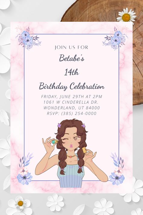 Teenager Birthday, Digital Invite, 14th Birthday, Birthday Invitation Template, Pink Birthday, Girl Party, Digital Invitations, Birthday Celebration