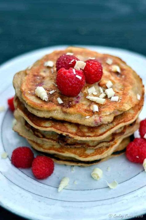 White Chocolate Chip Pancakes, White Chocolat, Raspberry Pancakes, Raspberry White Chocolate, Chocolate And Raspberry, Becoming A Chef, Special Breakfast, Buttermilk Recipes, Chocolate Pancakes