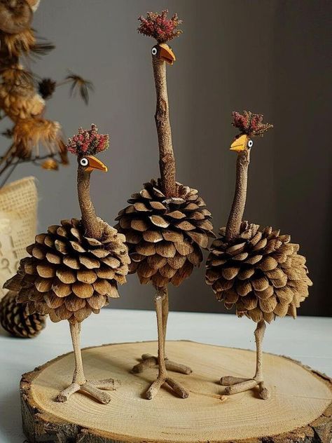 Pinecone Turkey Craft For Kids, Pine Cone Birds, Pinecone Angel Ornaments Diy, Pinecone Creatures, Pine Cone Turkey, Pinecone Turkey Craft, Pinecone Birds, Pinecone Animals, Pinecone Turkey