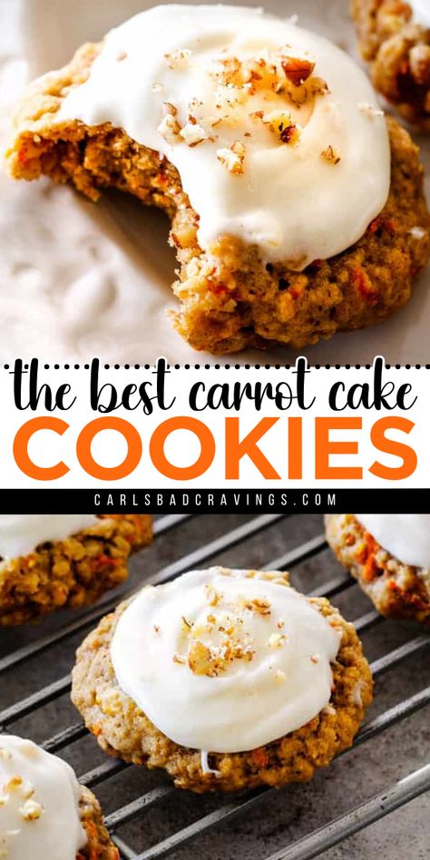 You'll want to have this holiday baking idea all year long! Soft and chewy with a rich and luscious cream cheese frosting, these are The BEST Carrot Cake Cookies. Prepare to be addicted to this Christmas cookie recipe! Carrot Cake Pudding Cookies, Desserts With Carrots, Carrot Cake Box Mix Cookies, Vegan Carrot Cake Cookies, Gluten Free Carrot Cake Cookies, Carrot Baking Recipes, Baked Sweets Recipes, New Years Deserts Ideas, Spring Cookie Flavors