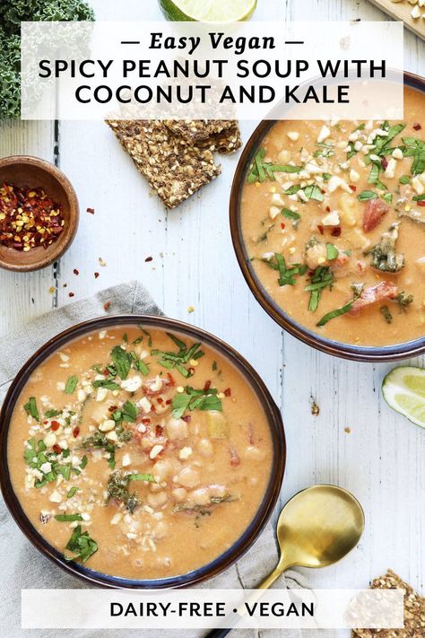 This Spicy Peanut Soup with Coconut and Kale is packed full of nutrients. It is a great way to sneak in a serving of fruits and veggies! Spicy Peanut Soup, Peanut Soup, Soup Pot, Diced Tomato, Tomato Paste, Naan, Lime Juice, Coconut Milk, Fruits And Veggies