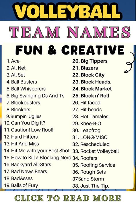 Here are some fun volleyball team names. The funny, and creative volleyball team names here will showcase your team personality. Volleyball Team Names, Kids Volleyball, Hit Head, Volleyball Team, Team Name, Volleyball Hairstyles, The Funny, Support Group, Team Names