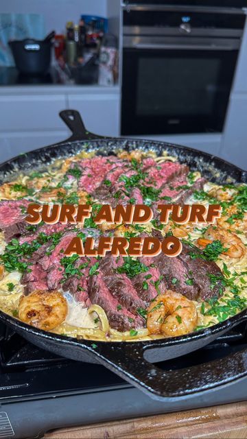 Surf And Turf Pasta, Surf And Turf Recipes, Surf N Turf Recipes, King Prawns, Sliced Steak, Double Cream, Surf And Turf, Land And Sea, One Pan Meals