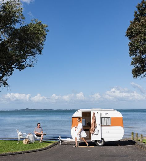 See how this couple transformed an abandoned caravan into the perfect holiday home - Your Home and Garden Mini Caravan Makeover, Retro Caravan Interiors, Small Caravan Interior, Trailer Airbnb, Tiny Caravan, Caravan Inside, Caravan Exterior, Tiny Fridge, Vintage Caravan Interiors