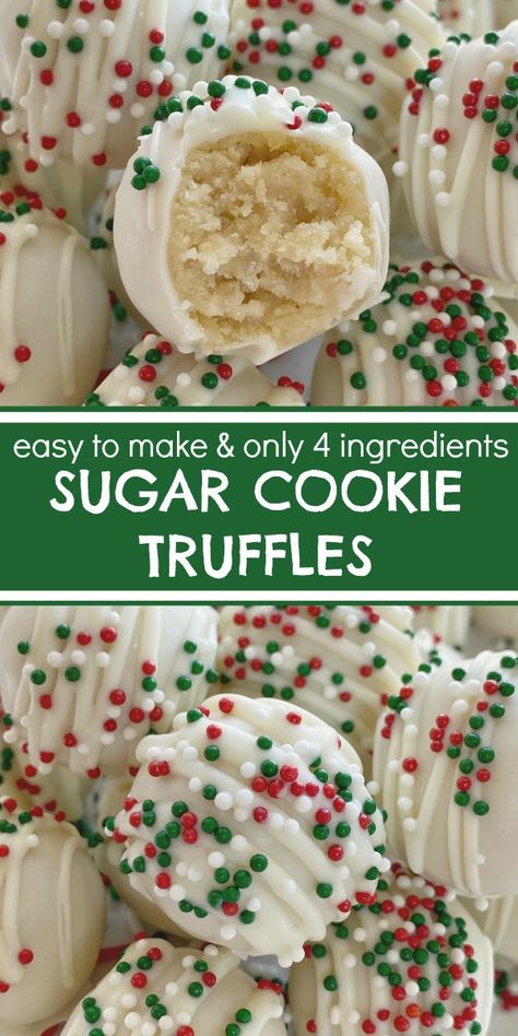 Sugar Cookie Truffles are made with crushed sugar cookies, cream cheese, and vanilla melting wafers for a perfectly smooth coating. Only 4 ingredients needed for this delicious truffle recipe. Sugar Cookies Truffles, Christmas Sugar Cookie Truffles, Sugar Cookie Balls Christmas, Loft House Cookie Truffle, Soft White Cookies, Christmas Time Snacks, Sugar Cookie Truffle Balls, Pillsbury Cookie Dough Truffles, No Bake Sugar Cookie Truffles