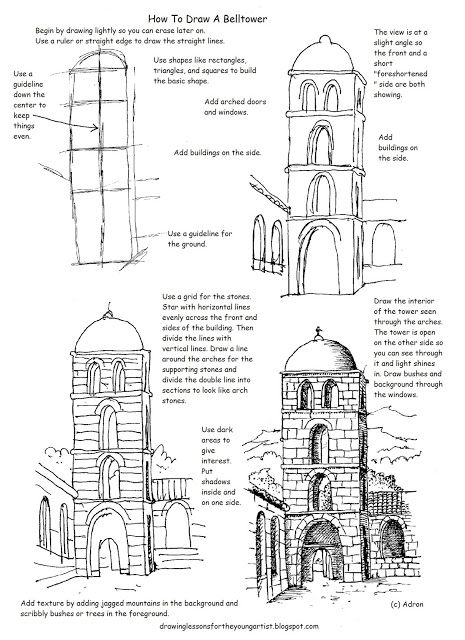 Free Printable How To Draw Worksheet, Draw A Bell Tower Bookish Journal, Some Drawings, Castle Painting, Architecture Drawing Sketchbooks, Building Drawing, Art Worksheets, Perspective Art, Bell Tower, Architecture Drawing Art