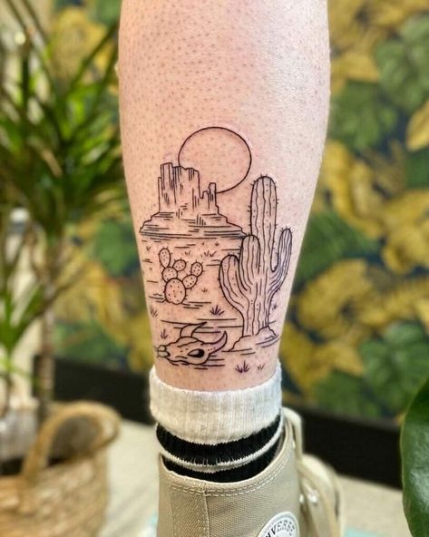 Desert Wrist Tattoo, Cactus With Hat Tattoo, Guadalajara Tattoo Ideas, Desert Theme Sleeve Tattoo, Arizona Tattoo Sleeve, Cactus Garden Tattoo, Desert Plants Tattoo, Cactus Leg Tattoo, Fine Line Saguaro Tattoo