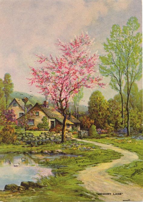 Country Backgrounds, Old Prints, Cottage Painting, Country Cottages, Cottage Art, Spring Painting, 수채화 그림, Spring Landscape, Vintage Spring