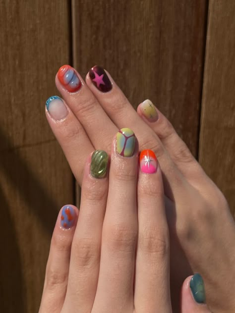 Mismatched Short Nails, Short Nails Funky Design, Short Gel Nail Designs Funky, Multi Pattern Nails, Funky Short Nail Art, Mismatched Nail Art Short, Mismatched Nail Designs, Nail Art Trends 2024, Short Funky Nail Ideas