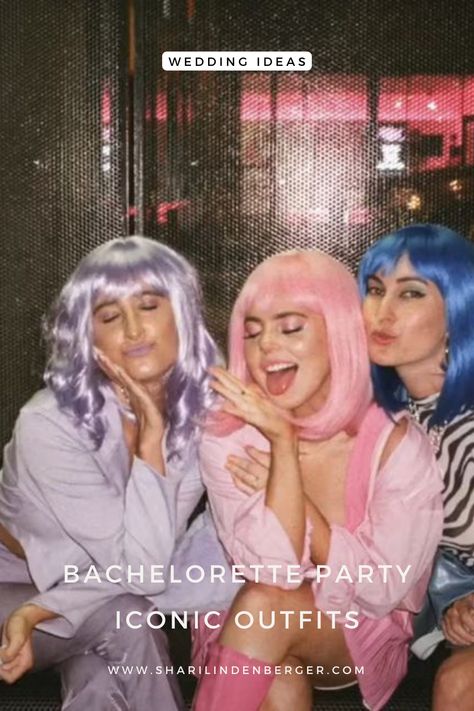 Dive into the world of iconic style with these curated Bachelorette Party Outfit inspirations! 🌟💃 Elevate your Bachelorette Party with fashion outfits that speaks volumes – from colored wigs glam to cowgirl vibes...MORE Bachelorette Club Outfit, Bachelorette Wig Night, Bach Outfit Themes, Bachelorette Going Out Themes, Bachelorette Going Out Outfits, Bachelorette Wigs, Wig Bachelorette Party Ideas, Bachelorette Color Theme Outfits, Bachelorette Outfit Theme