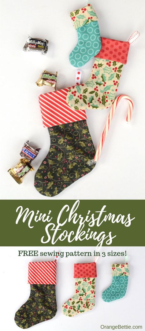 Mini Christmas stocking in 3 sizes - Free sewing pattern - Orange Bettie Mini Christmas Stockings Pattern, Mini Christmas Stockings Diy, Small Christmas Stocking Pattern Free, Christmas Fat Quarter Projects, Small Stocking Pattern, Mini Stocking Pattern, Christmas Stocking Pattern Free, Stocking Pattern Free, Christmas Stockings Sewing