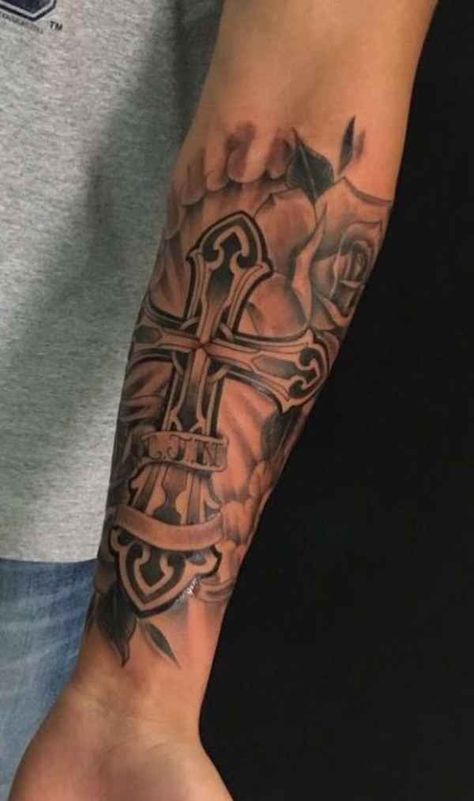 Inside Forearm Tattoos, Forearm Cross Tattoo, Baby Hand Tattoo, Wrench Tattoo, Cross Tattoos For Men, Crucifix Tattoo, Family Tattoos For Men, Tattoo Cross, Cross Background