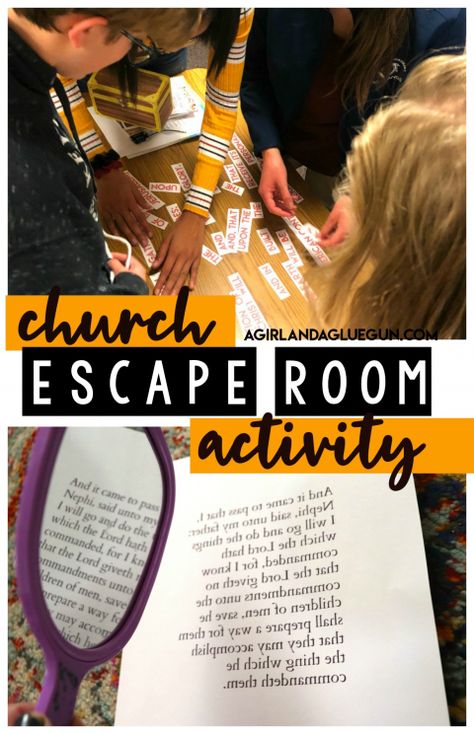 Church Activity-Escape Room! - A girl and a glue gun Lds Scripture Escape Room, Group Night Ideas, Back To School Yw Activities, Lds Escape Room Activity Free, Book Of Mormon Escape Room, Escape Room Bible Theme, Church Escape Room Ideas, Church Scavenger Hunt Youth Groups, Free Bible Escape Room Printable