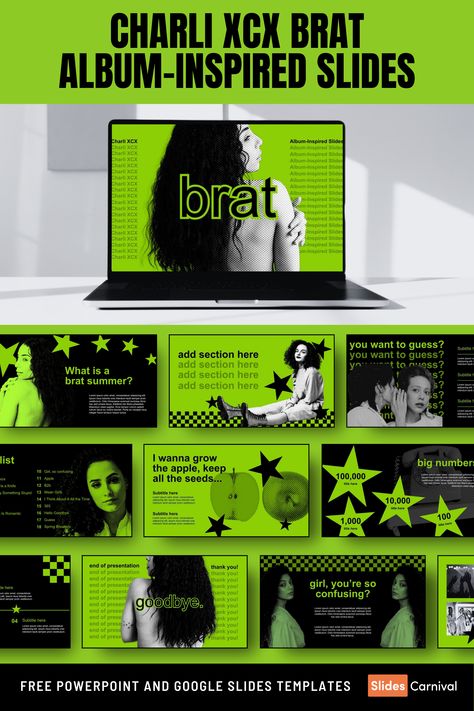 Unleash your inner pop star with this minimalist Y2K slideshow template, perfect for everyone looking to make a vibrant statement. Whether you’re crafting a PowerPoint presentation or a Google Slides deck, this template’s fresh green tones and playful halftone patterns will captivate your audience. Add a touch of nostalgia with starry accents, evoking the iconic Y2K era. Ideal for music-themed projects, creative pitches, or any event needing a dash of retro flair. Y2k Slideshow, Y2k Slides Presentation, Creative Slides Presentation, Slides Design Presentation, Y2k Presentation, Slide Design Presentation, Minimalist Presentation Design, Canva Slides, Music Presentation