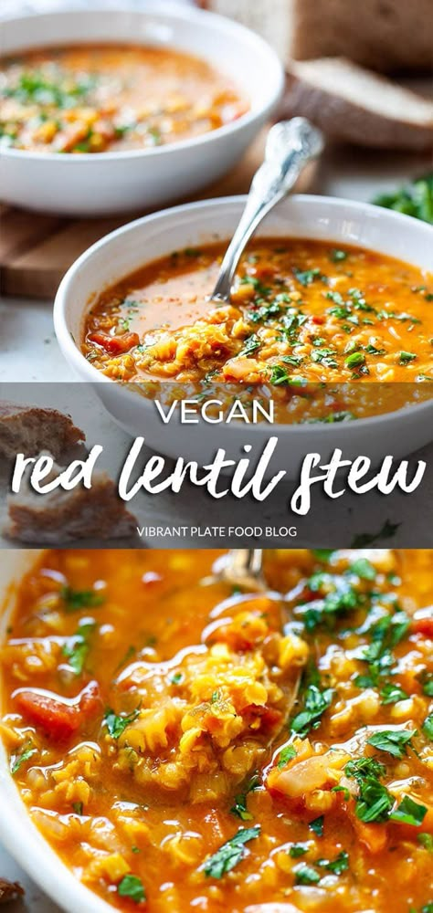 Vegetarian Lentil Stew, Lentil Stew Vegan, Vegan Lentil Stew Recipes, Red Lentil Stew Recipes, Red Lentil Vegetable Soup, Healthy Lentil Recipes Easy, Red Lentil Recipes Soup, Red Lintel Recipes, Red Lentils Recipe Easy