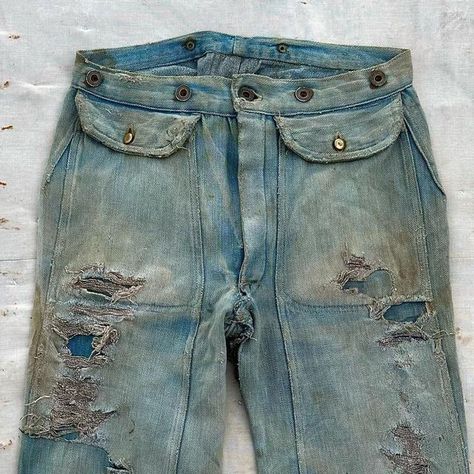 Golden State Vintage on Instagram: "1890’s Flap Pocket and Double Knee Buckleback Jeans. Found under a pile of rubble in an early property, these are by far the most unique pair of pants we’ve ever come across. They feature two button hole scoop pockets that extend down to a double knee. There are hints of hidden selvedge, grommeted suspender buttons, and a copper pin teeth buckle. Thankful to have owned these as they are off to a great home." Button Hole, Pair Of Pants, Golden State, Flap Pocket, Vintage Items, Copper, Buckle, Pants, Instagram