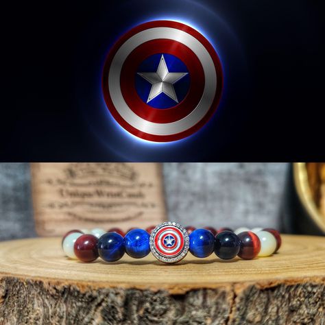 👌 Beautiful handmade Captain America Shield Marvel bracelet!! 👌 - Captain America Shield = 11mm S925 Silver - Beads = * 8mm Red Tiger Eyes * 8mm Blue Tiger Eyes * 8mm Trochus Shell - 1 mm Elastic cord I gladly customize the size to provide you with a perfect fit. Various sizes are available! Marvel Bracelets, New Captain America, Tiger Eyes, Captain America Shield, Red Tiger, Blue Tiger, Marvel Captain America, Red Tigers Eye, Blue Tigers Eye