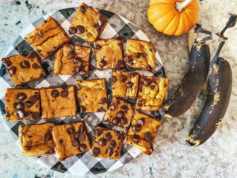 Pumpkin and Banana Chocolate Chip Bars - The Southerly Magnolia Banana Chocolate Chip Bars, Over Ripe Bananas, Pumpkin Chip, Funfetti Cake Mix, Banana Bars, Chocolate Chip Bars, Pumpkin Banana, Pumpkin Bars, Funfetti Cake