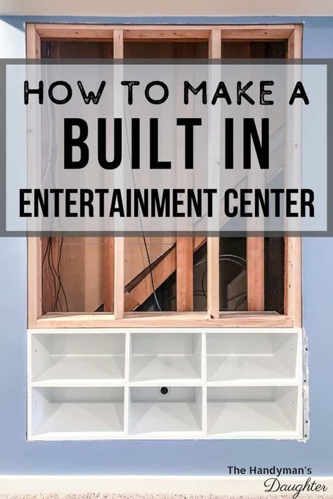 Free up loads of floor space with this DIY built in entertainment center! These recessed shelves hold all your gaming consoles, cable box and DVDs inside the wall, so they don't take up any space under the wall mount tv! Get the free woodworking plans to make your own at The Handyman's Daughter! Recessed Tv Wall Built Ins, Built In Entertainment Center Ideas, Diy Built In Entertainment Center, Diy Media Wall, Built In Media Center, Wall Mount Tv, Tv Wall Ideas, Recessed Shelves, Mount Tv