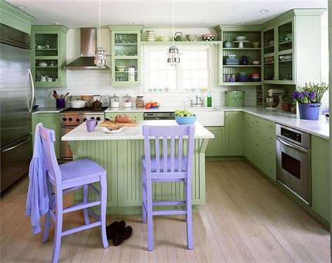 Pale Green Kitchen Design With Lavender Highlight | iDesignArch ... Lavender Kitchen Decor, Violet Kitchen, Kitchen Cabinet Color Schemes, Island Marble, Lavender Kitchen, Cottage Cabinet, Mobile Home Kitchens, Ceramic Backsplash, Green Kitchen Island