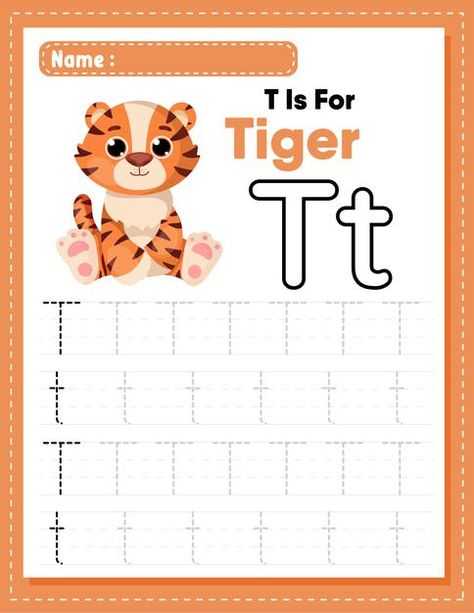 T Is For Tiger, Vector Alphabet, Flamingo Craft, Tracing Practice, Preschool Tracing, Alphabet Phonics, Tracing Worksheets Preschool, Tiger Crafts, Preschool Writing