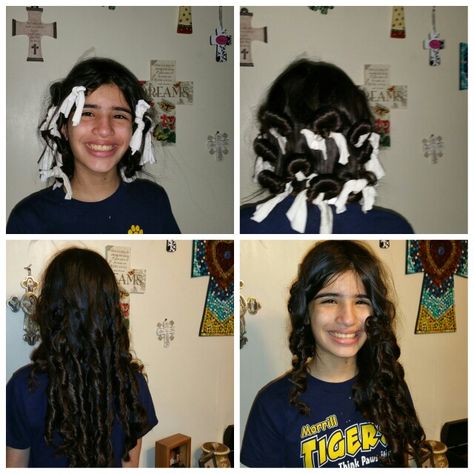 Rag curls. All you need is an old t-shirt. That's what we used. Cut t-shirt or even an old pillow case into strips. We used strips that were 3"x8". Her hair was mostly dry and mildly damp. She kept these on overnight and removed the rags in the morning. Curls were tight and bouncy. #ragcurls #curls #straighthairproblems #hair #longhair #strandedislandhairstyle #easytodo #diy #beauty T Shirt Curls Overnight, Pillow Curls, Straight Hair Problems, T Shirt Curls, Rag Curls, Fenugreek For Hair, Iron Curls, Old Hollywood Hair, Ribbon Curls