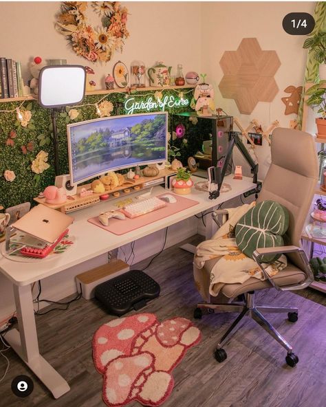 Marble Desk Aesthetic, Fairy Core Gaming Setup, Mushroom Desk Decor, Cozy Pc Setup Pink, Aesthetic Game Room Ideas, Cozy Video Game Room, Pink And Green Pc Setup, Cozy Gaming Room Setup, Pc Setup Girl