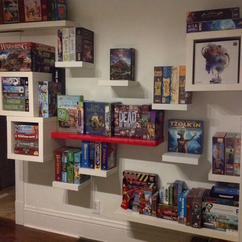 Board Game Shelf, Board Game Room, Red Shelves, Basement Games, Game Cafe, Board Game Storage, Board Game Organization, Game Organization, Game Storage