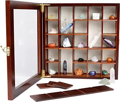 SmartyRocks Adjustable Rock Display Case - Rock Collection Box with Fabric Bed for Rock and Mineral Display - Dark-Finish Shadow Box with Shelves for Crystal Storage - Display Cases for Collectibles Rock Display Case, Rock Collection Box, Rock Collection Display, Large Shadow Box, Rock Display, Crystal Storage, Shadow Box Shelves, Mineral Display, Rock And Mineral