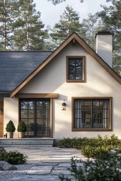 Nordic House Exterior Colors, Different House Designs, Textured House Exterior, Off White Painted Brick House, Chimney In Front Of House Exterior, Wooden House Designs Exterior, Northwest Home Exterior, Modern Home Outside Design, House Exterior Forest