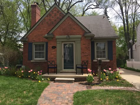 Small Brick Cottage Exterior, Cute Small Brick House, Tiny Brick House Exterior, Cape Cod Brick House Exterior, 40s House Exterior, Cottagecore Brick House, 1950s Exterior House, 1920s Brick House, Brick Stained House