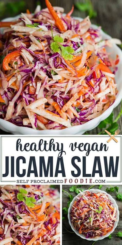 Jicama Slaw Recipe, Jicama Recipe, Jicama Slaw, Vegan Coleslaw, Slaw Recipe, Vegan Salad Recipes, Slaw Recipes, Coleslaw Recipe, Vegan Salad