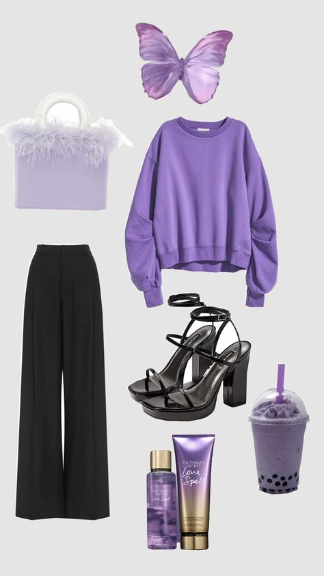 #purple #outfitinspo Purple Crewneck Outfit, Purple Outfits Aesthetic, Purple Aesthetic Outfit, Black And Purple Outfit, Outfits Purple, Lavender Outfit, Crewneck Outfit, Purple Crewneck, Purple Outfit