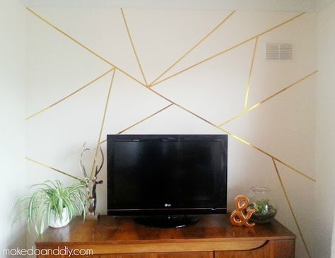 Geometric Feature Wall, Mauve Room, Washi Tape Wall Art, Gold Painted Walls, Gold Accent Wall, Washi Tape Wall, Geometric Wall Paint, Tape Wall Art, Dining Room Accent Wall