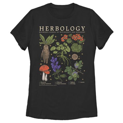 Arrives by Thu, Jan 20 Buy Women's Harry Potter Hogwarts Herbology Graphic Tee Black Small at Walmart.com Hogwarts Herbology, Harry Potter Herbology, Goblincore Fashion, Universal Trip, Wingardium Leviosa, Universal Shirts, Pattern Leaf, Under The Stairs, Harry Potter Style